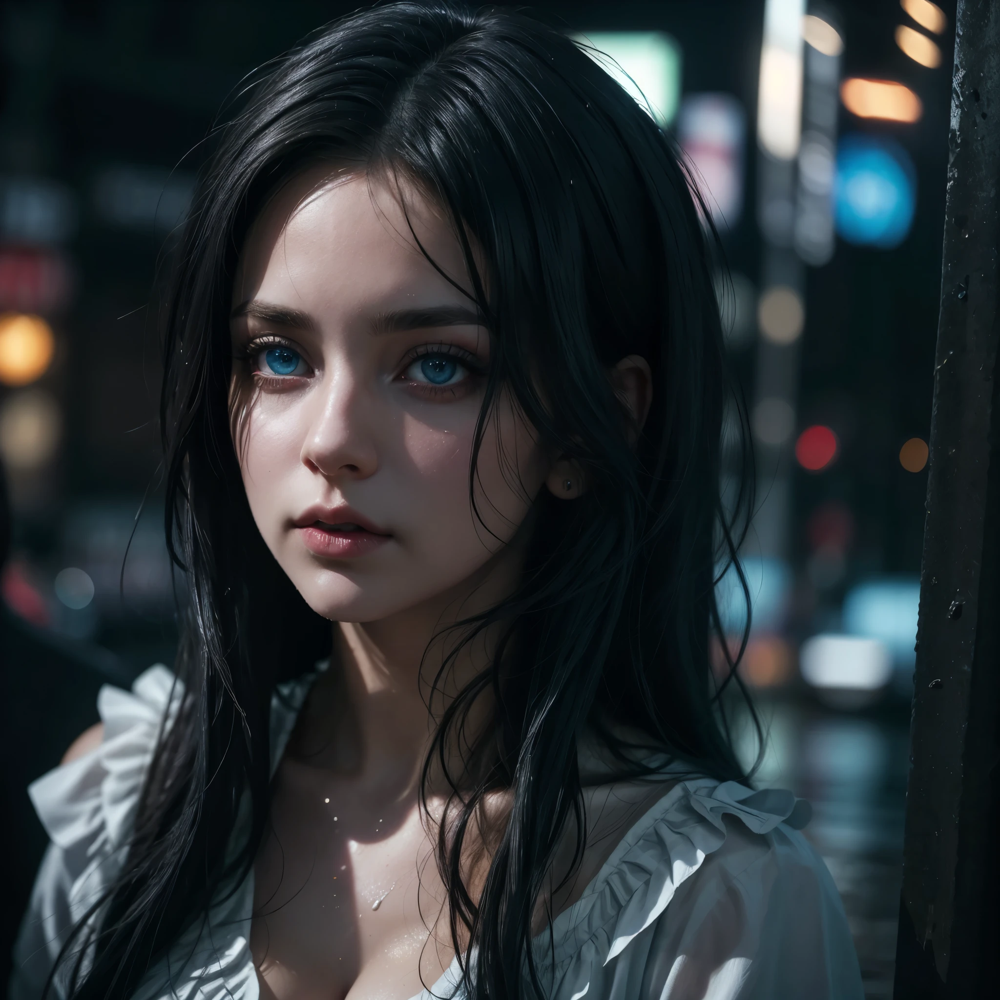 a beautiful girl with stunning blue eyes, glowing with magic, gothic makeup, large breasts, open clothing, white blouse, black miniskirt, rain, wet clothes, street, night, (best quality,4k,8k,highres,masterpiece:1.2),ultra-detailed,(realistic,photorealistic,photo-realistic:1.37),HDR,UHD,studio lighting,ultra-fine painting,sharp focus,physically-based rendering,extreme detail description,professional,vivid colors,bokeh,portrait,fantasy,dark,moody