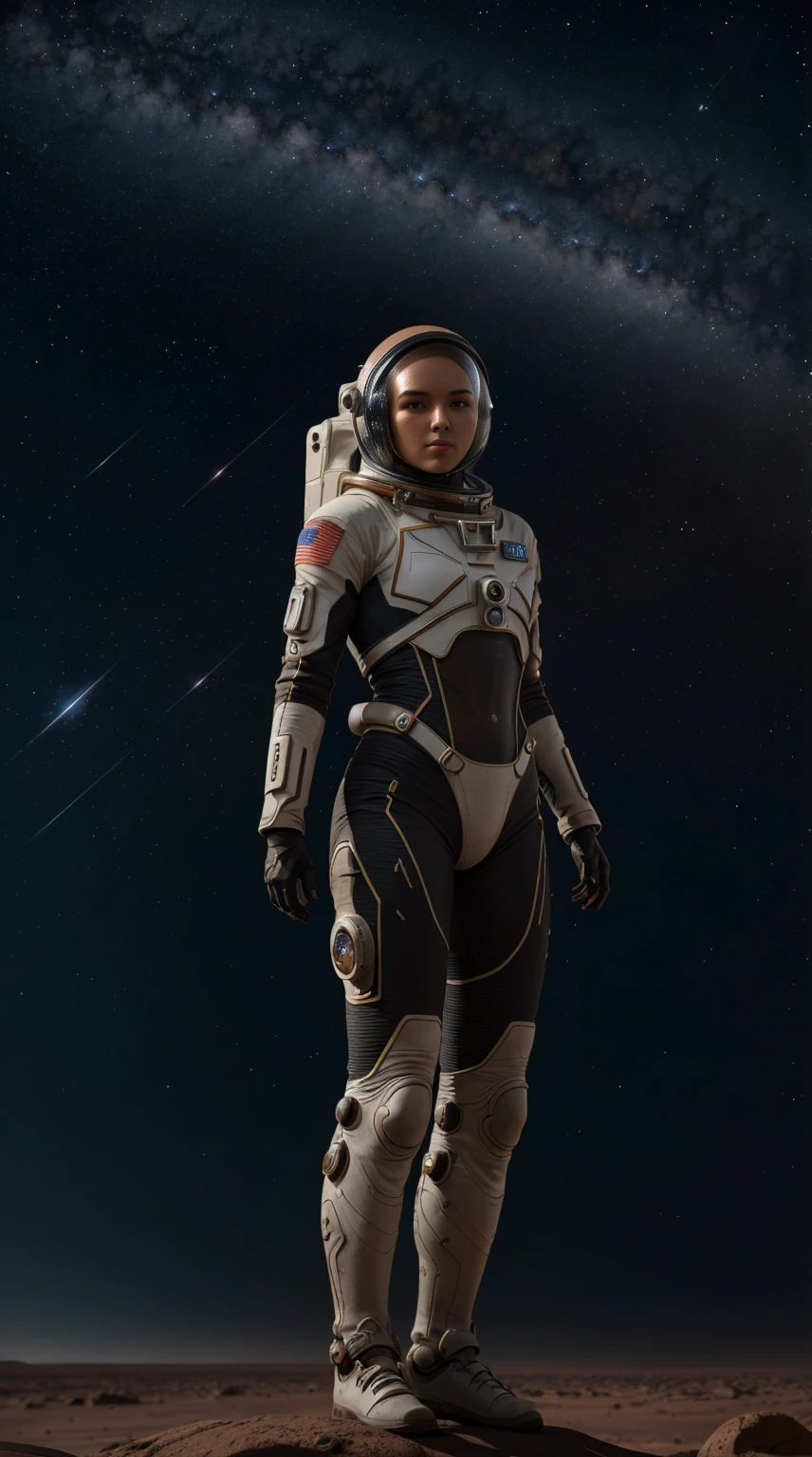 امرأة ترتدي بدلة فضاء مستقبلية, خوذة رائد الفضاء, يقف على صخور المريخ, النجوم المتلألئة في السماء البعيدة, (أفضل جودة, 4K, 8 كيلو, دقة عالية, تحفة:1.2), مفصلة للغاية, حقيقي, photoحقيقي, photo-حقيقي:1.37, تقرير التنمية البشرية, فائق الوضوح, إضاءة الاستوديو, لوحة فائقة الدقة, التركيز الشديد, التقديم القائم على الجسد, وصف التفاصيل المدقع, احترافي, الوان براقة, خوخه, الخيال العلمي, مفهوم الفن