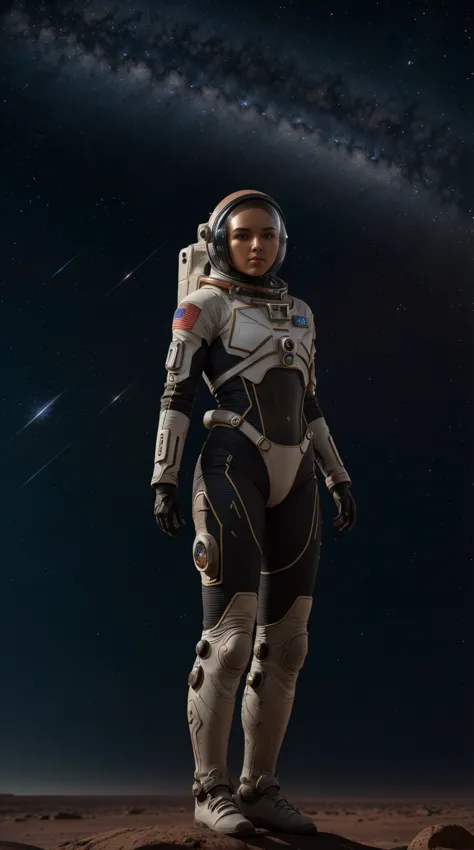 a woman in a futuristic spacesuit, astronaut helmet, standing on Martian rocks, twinkling stars in the distant sky, (best qualit...