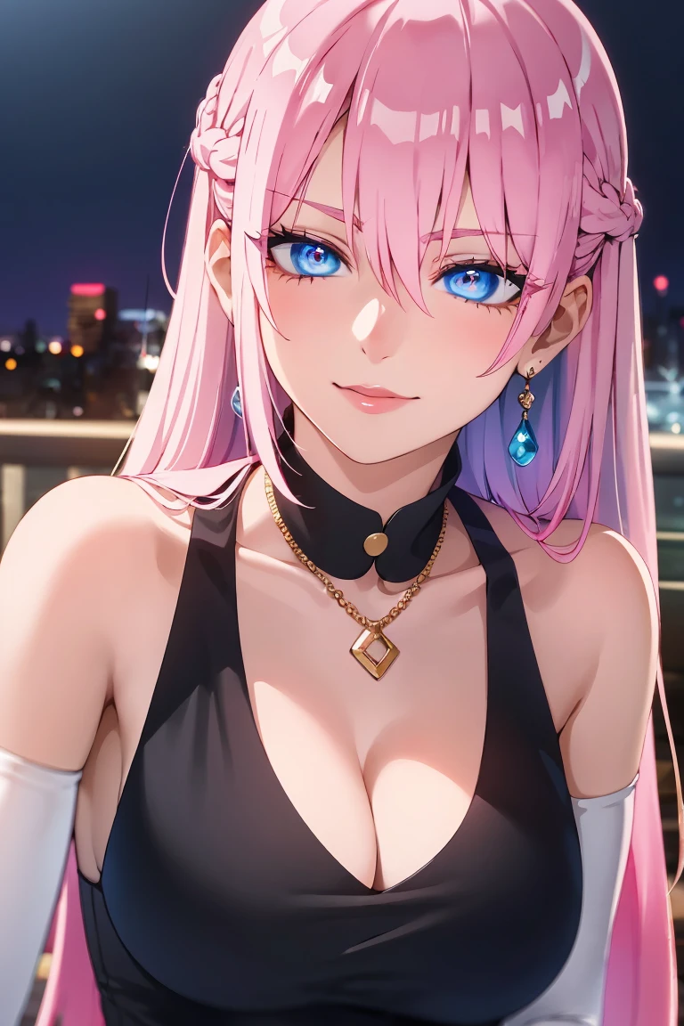 
shikimorisan,1girl, pink hair, long hair, blue eyes, hair between eyes, bangs, ultra realistic 8k cg, flawless, masterpiece, solo, 1girl, casino, rich, night dress, cutout, necklace, earring, golden, face focus, gleaming skin, elbow gloves, cleavage, shiny dress