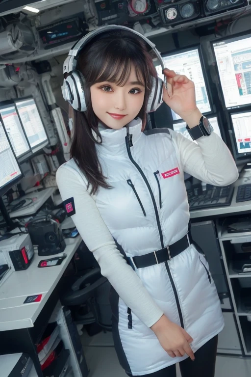 masterpiece, Highest quality, Very detailed, 8K Portrait,Japanese Android Girl,plump , Control panel,Robotic arms and legs, Blunt bangs,,break (Metallic Gray, Metallic luster, Mirror finish, Astro Best):5,headphone:5,break (Black sleeves):100,Smart Watches,Futuristic space station,Control Room,break headphone,blue eyes,(Black Hair):2,(Long Hair):1.3,Displaying the viewer,(respirator),break blush:3,Hidden Hand,smile