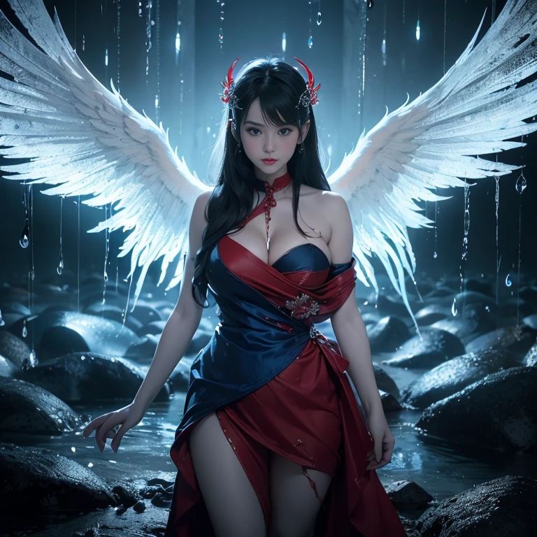 black、White、Blue and Red,(best quality, Extremely detailed, high resolution, Extremely detailed的CG),Wide-angle lens,Angelic,She is so beautiful,She likes blood and sea,Blood Rain, mystery,Cultists, complex, Surreal,Beautifully(((Full and soft breasts,)))（（Huge breasts））((((Cleavage)))))) (Perfect curvy figure),