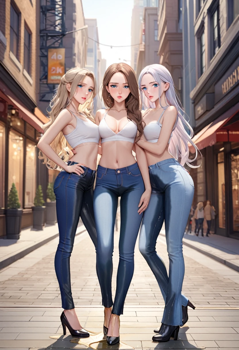 ((best quality, masterpiece:1.3, 8K)), (detailed), highly detailed face and skin texture, detailed eyes, downtown, full body, seductive pose, (slender body:1.1), 2girls, 25 years old, white skin, bright lips, worried, embarrassed, long hair, (forehead:1.0), jeans pants, flares jeans, blue jeans, peeing jeans, peeing pants, pee stain, (wetting herself:1.9), desperation:1.5,