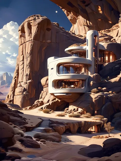 futuristic home sci fi, scene is built into a large rock formation, beautiful lighting