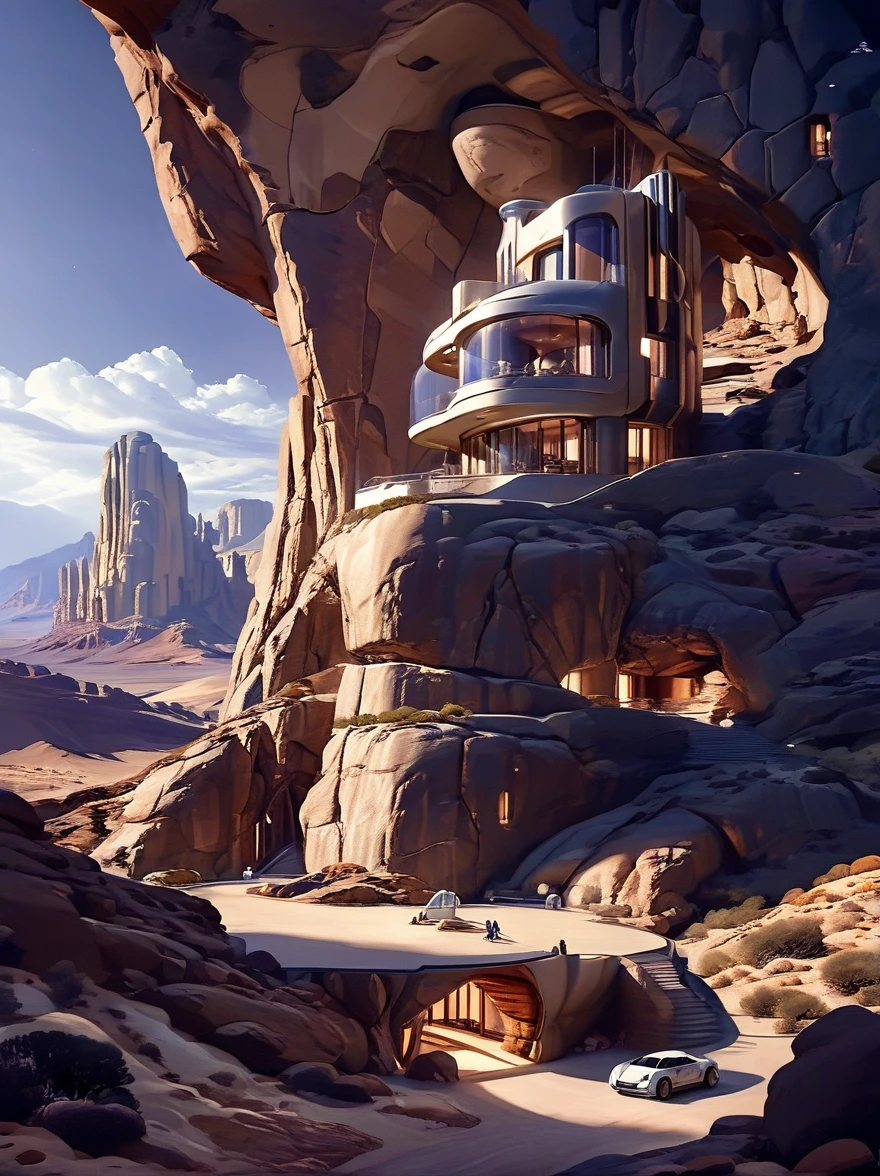 maison futuriste science fiction, la scène est construite dans une grande formation rocheuse, bel éclairage