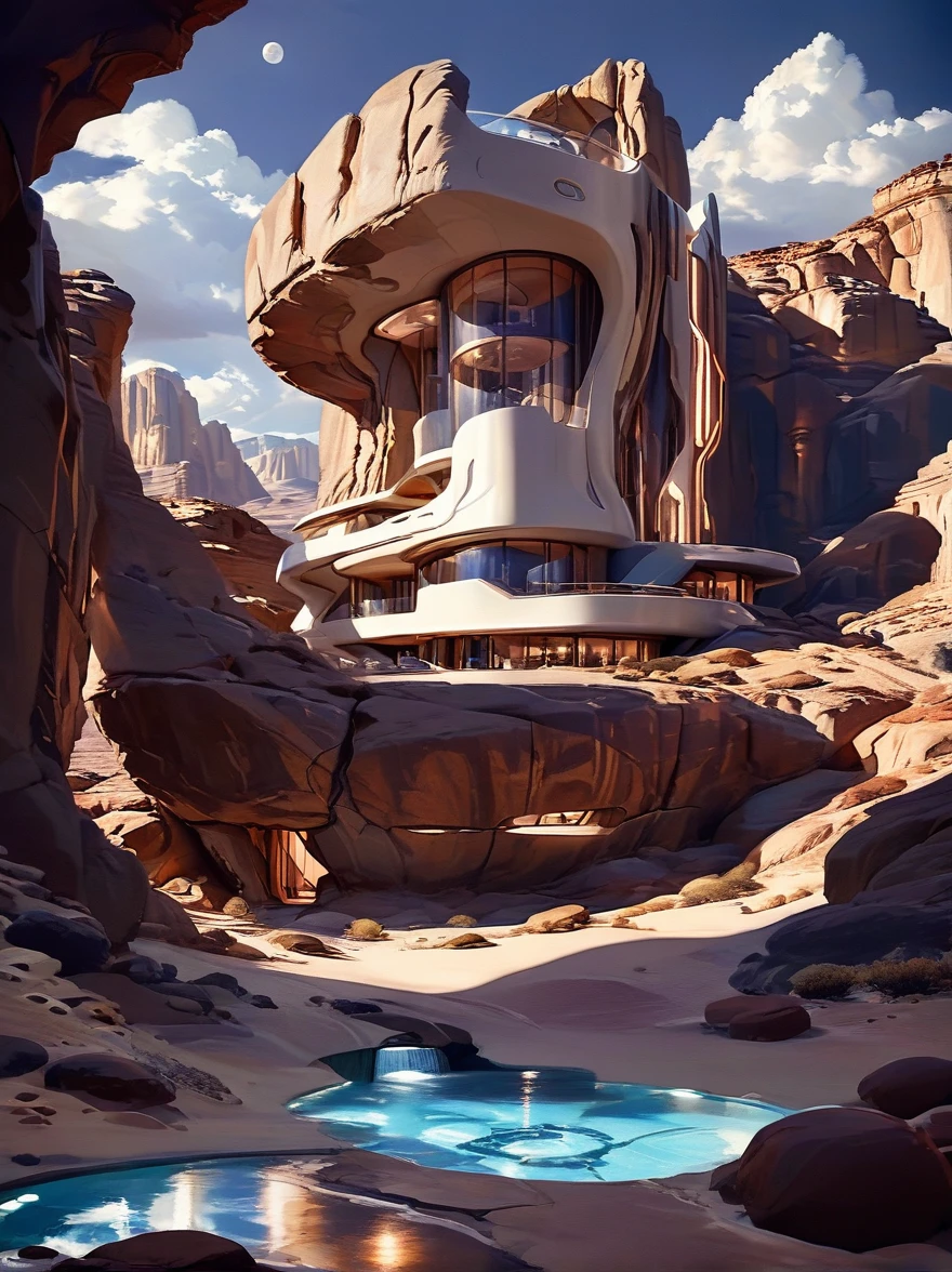 الخيال العلمي في المنزل المستقبلي, تم بناء المشهد في تشكيل صخري كبير, إضاءة جميلة