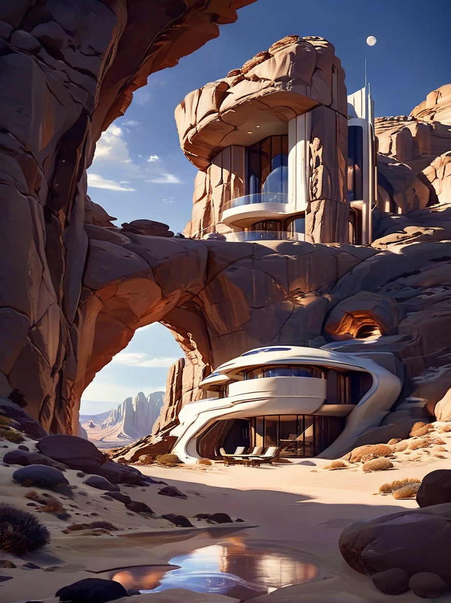미래의 집 공상 과학, 장면은 큰 암석층으로 만들어졌습니다., 아름다운 조명