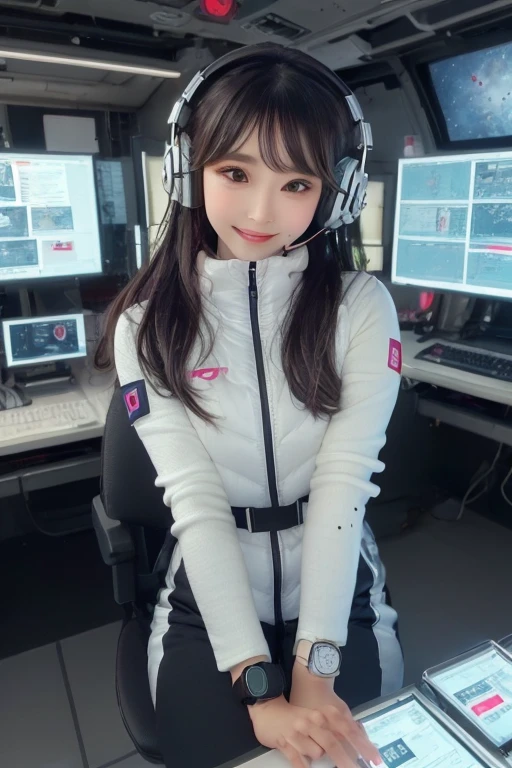 masterpiece, Highest quality, Very detailed, 8K Portrait,Japanese Android Girl,plump , Control panel,Robotic arms and legs, Blunt bangs,,break (Metallic Gray, Metallic luster, Mirror finish, Astro Best):5,headphone:5,break (Black sleeves):100,Smart Watches,Futuristic space station,Control Room,break headphone,blue eyes,(Black Hair):2,(Long Hair):1.3,Displaying the viewer,(respirator),break blush:3,Hidden Hand,smile