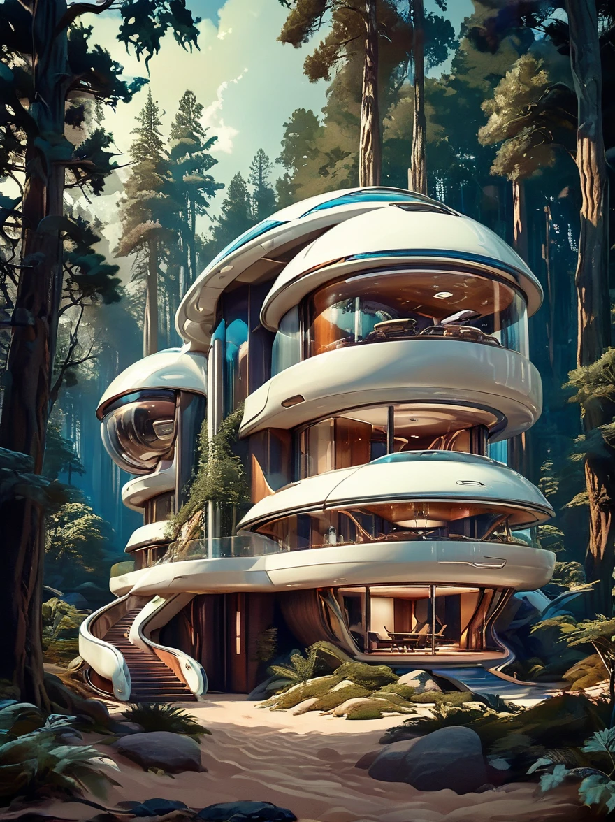 incroyable maison futuriste science fiction, la scène est en forêt, bel éclairage