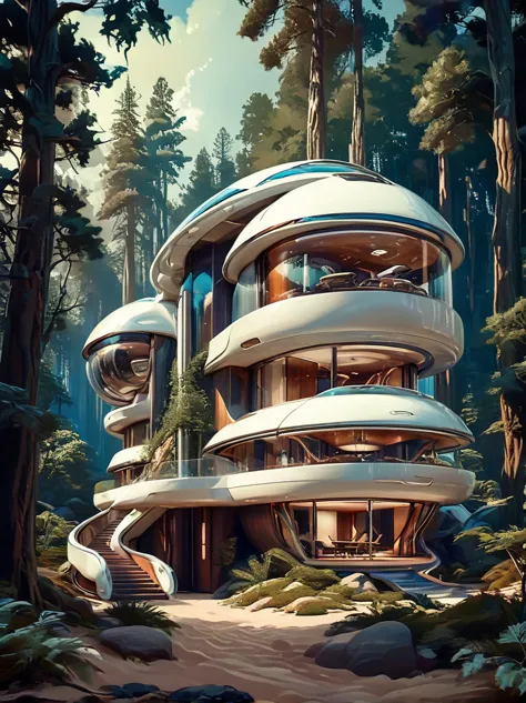 amazing futuristic home sci fi, scene is in forest, beautiful lighting