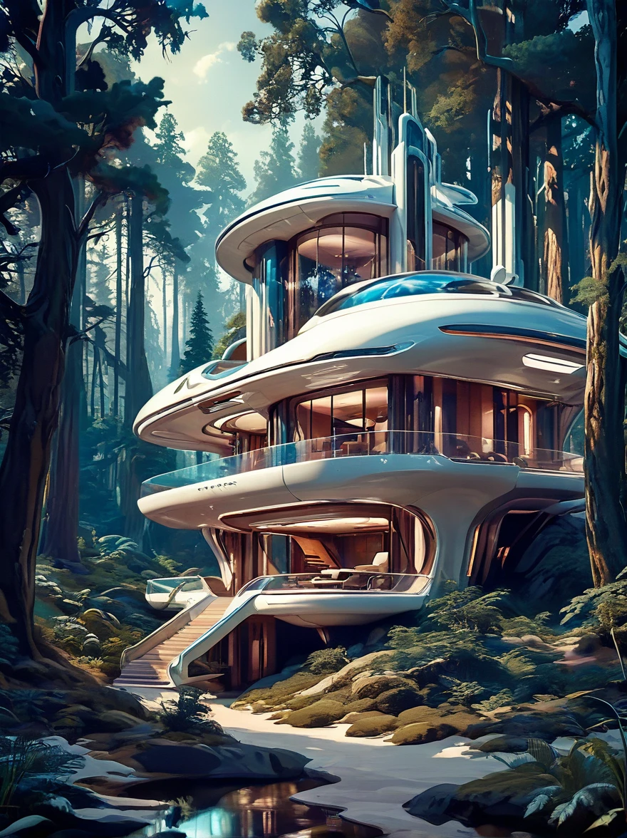 الخيال العلمي المنزلي المستقبلي المذهل, المشهد في الغابة, إضاءة جميلة