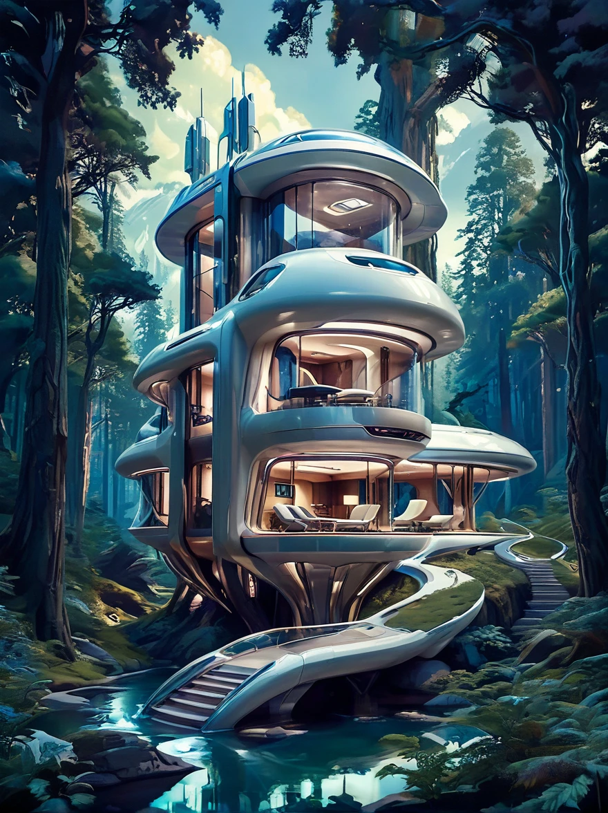 потрясающий футуристический дом в жанре научной фантастики, сцена в лесу, красивое освещение