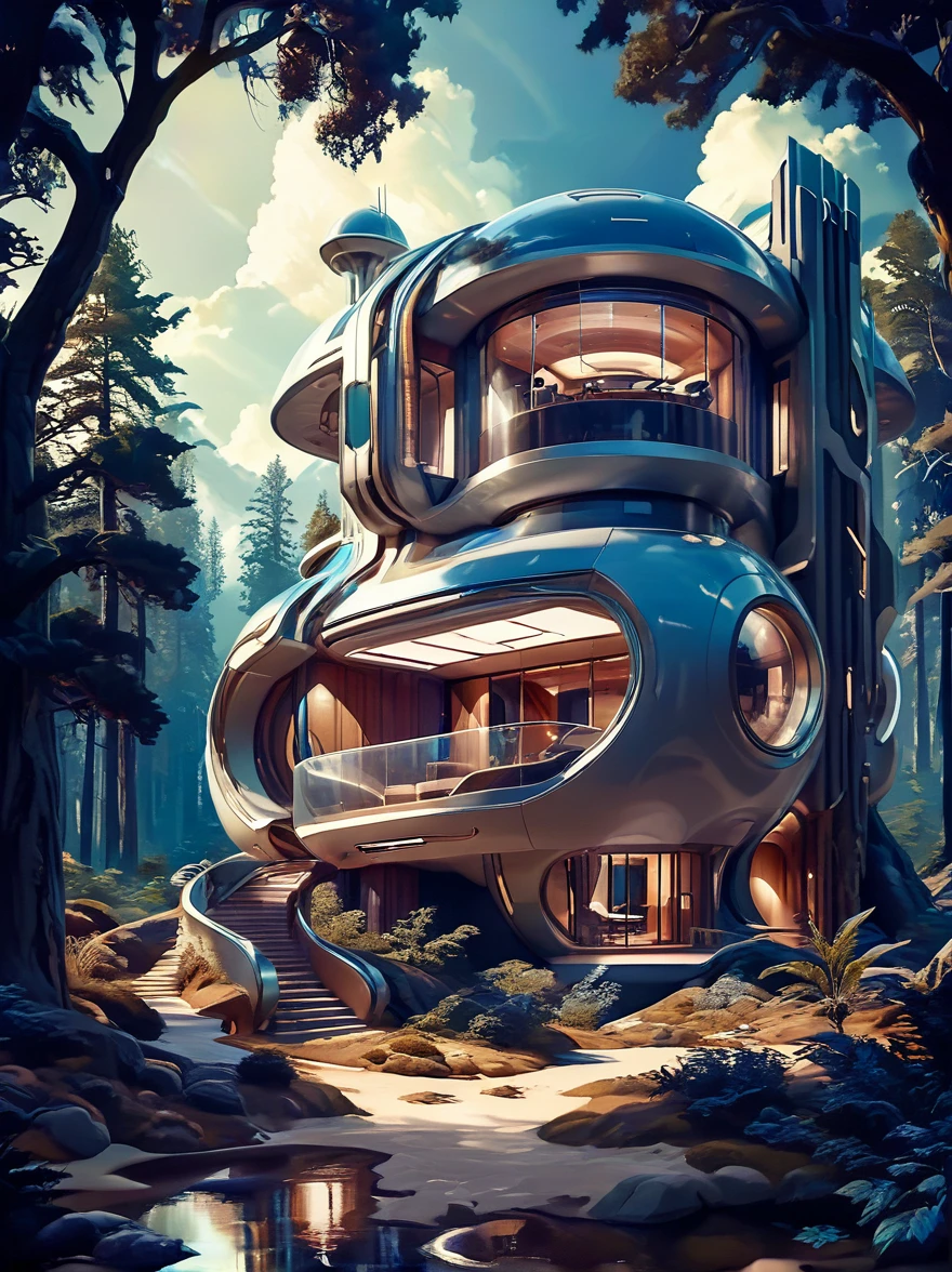 потрясающий футуристический дом в жанре научной фантастики, сцена в лесу, красивое освещение