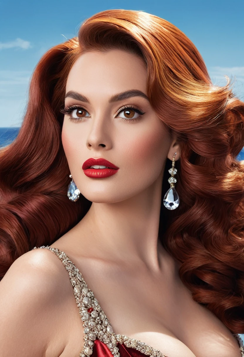 (((ultra detaild, beautiful  face, Megapixels))) Capture an eye-catching and visually stunning photorealistic image of a model portraying the elegant Disney princess, to sea, dressed as the iconic cartoon character Jessica Rabbit. The model has delicate (hazelnut) eyes that emanate intelligence and sensuality. O cabelo dela, styled in voluminous waves cascading over one shoulder, keeps your (brown brown) Farbe, paying homage to Jessica Rabbit&#39;s glamorous hairstyle. She uses a shapewear, strapless dress made of bright red satin, showing off your curves with grace and allure. The dress is adorned with intricate beads and sequins, adding a touch of glamor and opulence. Against a blank black background, the focus is exclusively on the model&#39;s captivating features and the striking contrast between the red fabric and her luminous skin. with your camera, a state-of-the-art mirrorless camera combined with a prime lens, você capturará a fusão encantadora de to sea e Jessica Rabbit, creating a visually captivating and seductive image ,inboxDollPlaySetQuiron style