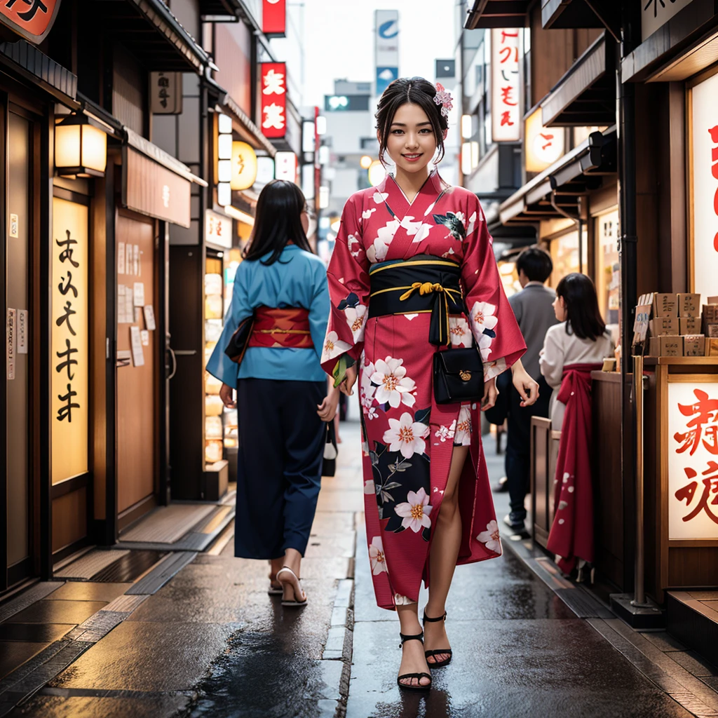 a beautiful young woman in a traditional japanese yukata walking down a street in tokyo, japan with japanese signs and shop fronts, highly detailed, 4k, photorealistic, warm lighting, vibrant colors, beautiful detailed eyes, beautiful detailed lips, extremely detailed face, long eyelashes, cinematic, masterpiece, 4k, ultra realistic, front of the camera, random pose, cloth and location, fullbody, happy face
