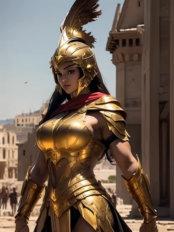 beautiful warrior woman in golden greek armor, porfect human face detailed,  Jet black hair, hoplite helmet, muscular, huge naked breasts, I look at the viewer, foreground, model photo poses, work of art, best qualityer, 8K, nblurry background, medieval fantasy castle in the background