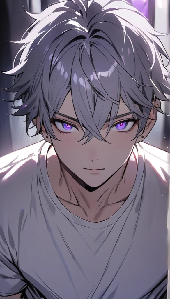 Resolution full, very accurate, best quality, masterpiece, from front boy, cinematic lighting, full HD, very sharpener, only showing eyes, focus at eyes, detailed eyes, best art, very accurate, 1boy, solo, handsome boy, violet eyes, grey hair, violet eyes, white T - shirt