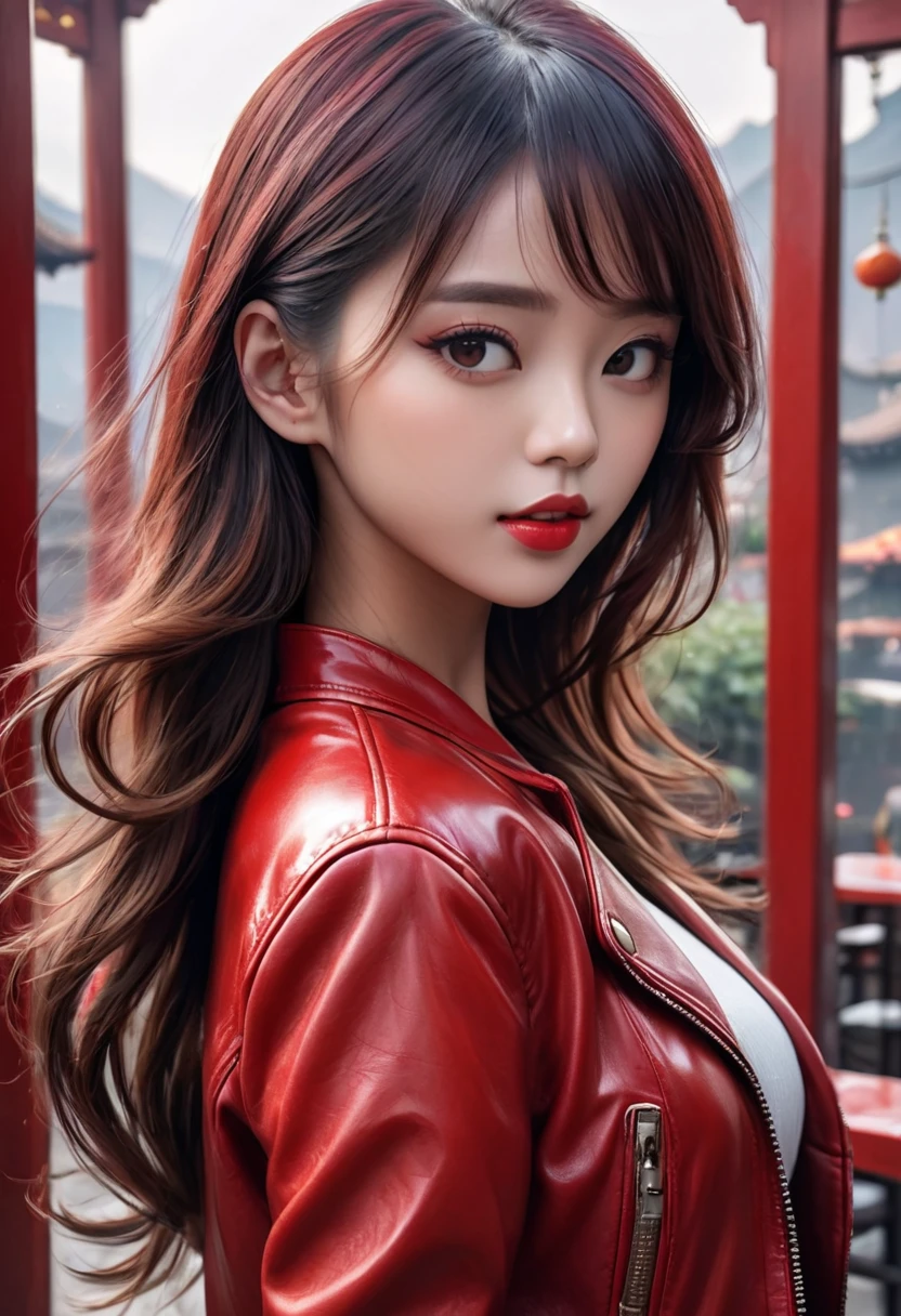 Best quality, masterpiece, ultra high res, (photorealistic:1.4), raw photo, 1girl,, , long hair, red  leather jacket, beautiful chinese woman