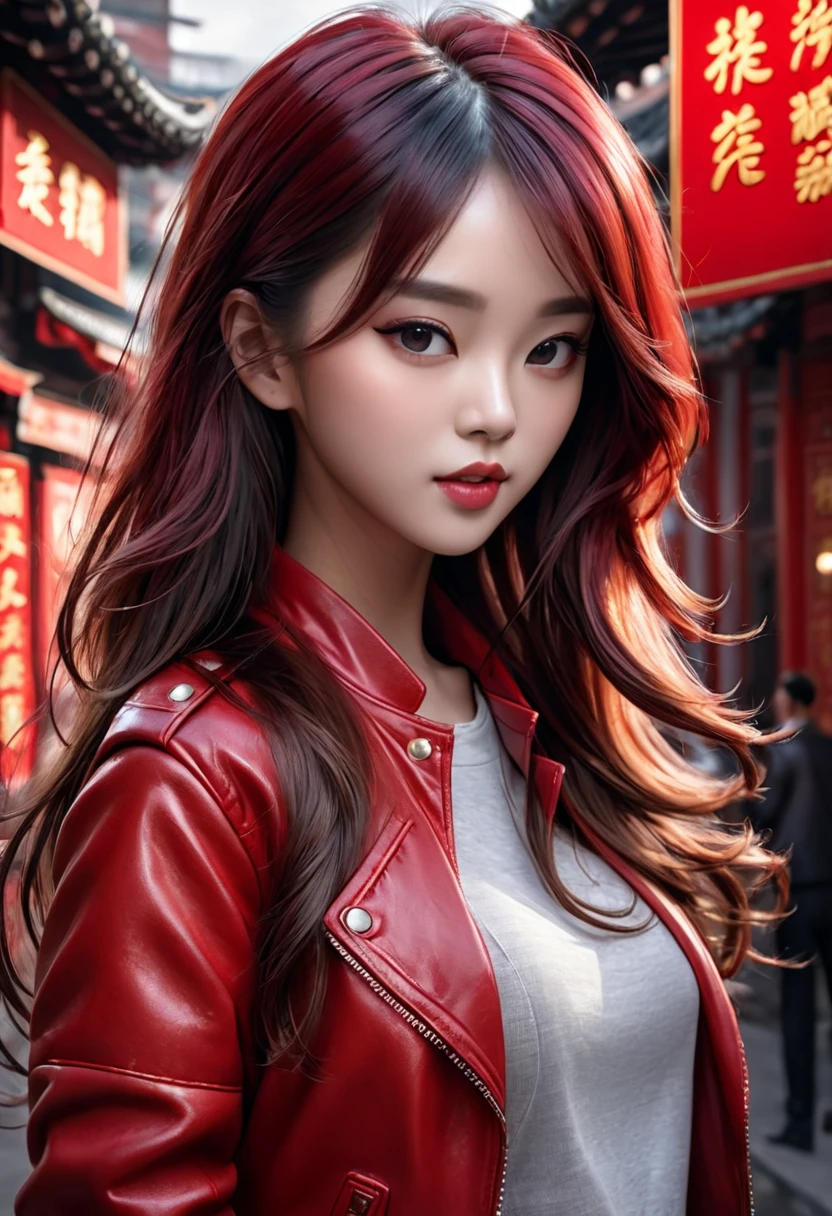 Best quality, masterpiece, ultra high res, (photorealistic:1.4), raw photo, 1girl,, , long hair, red  leather jacket, beautiful chinese woman