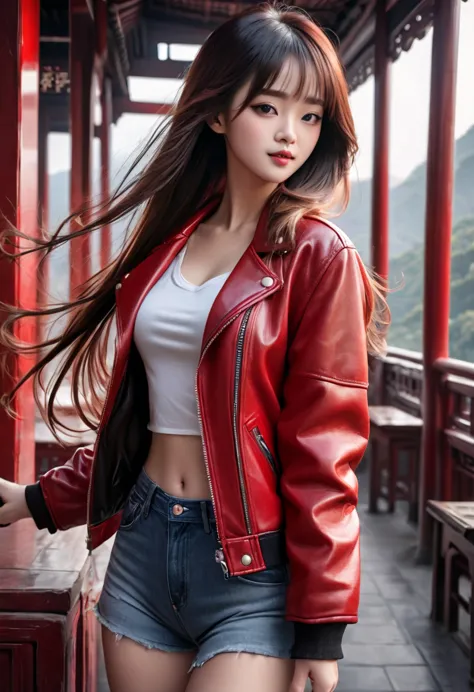 Best quality, masterpiece, ultra high res, (photorealistic:1.4), raw photo, 1girl,, , long hair, red  leather jacket, beautiful ...