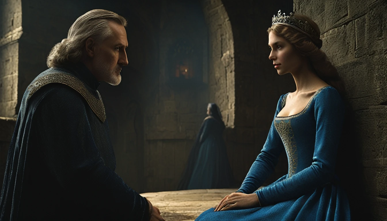 (((mittelalterlicher Stil))), Erstellen Sie ein Bild einer verdächtigen Prinzessin im blauen Kleid, Bill Henson, im Gespräch mit einer misstrauischen älteren Frau, superdetailliertes 4k, Unreal 5 Grafik-Engine