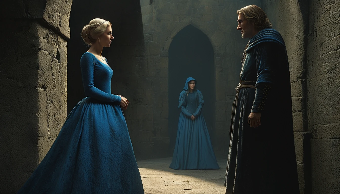 (((estilo medieval))), crear una imagen de una princesa sospechosa con vestido azul, Bill Henson, hablando con una anciana sospechosa, superdetallado 4k, Motor gráfico irreal 5