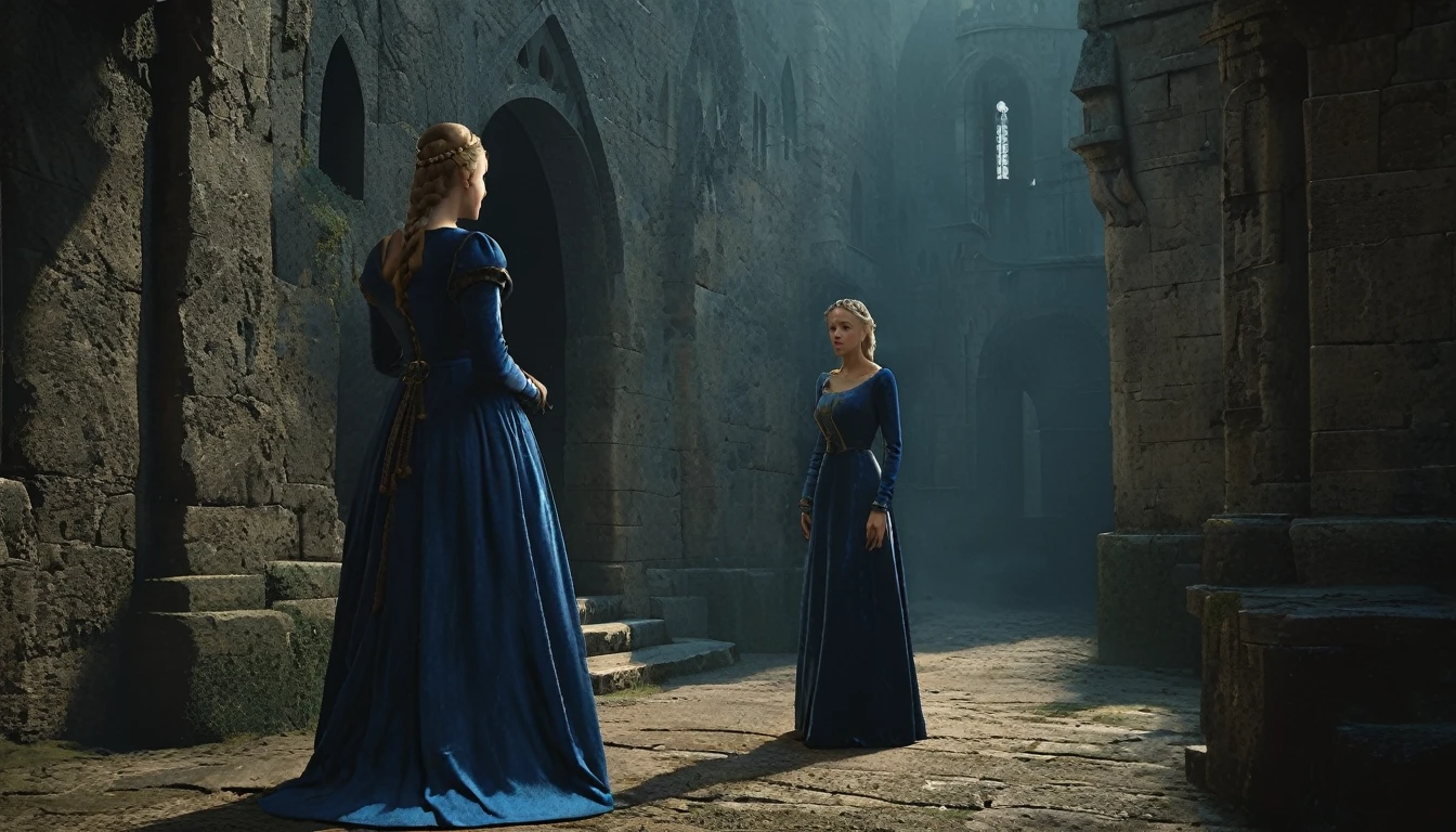 (((estilo medieval))), crear una imagen de una princesa sospechosa con vestido azul, Bill Henson, hablando con una anciana sospechosa, superdetallado 4k, Motor gráfico irreal 5