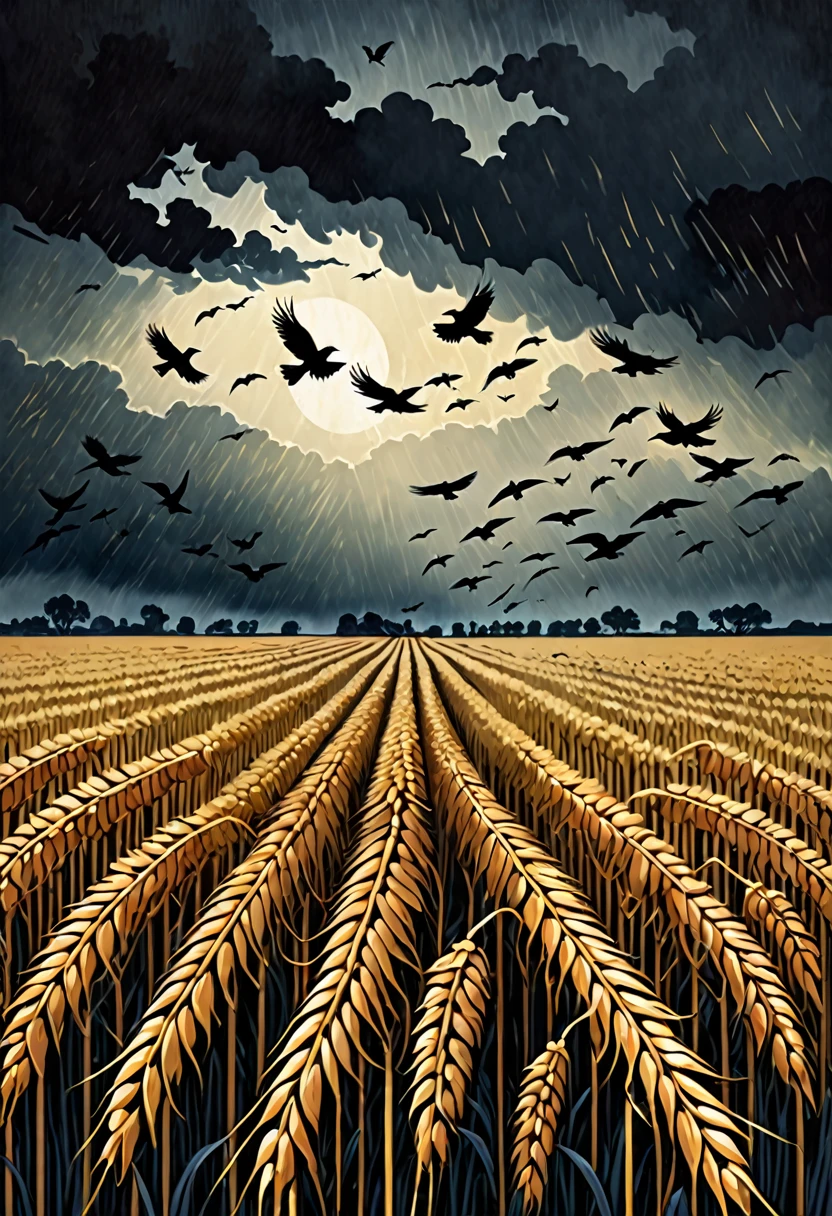 a flock of crows flying away from a wheat field in a cloudy darkened scene with thunders, dark fantasy paper style from the 70s, with intense painting and a german romantic style, shadows and spectacultar lighting