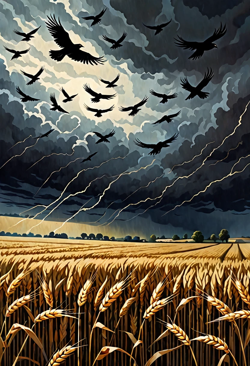 a flock of crows flying away from a wheat field in a cloudy darkened scene with thunders, dark fantasy paper style from the 70s, with intense painting and a german romantic style, shadows and spectacultar lighting