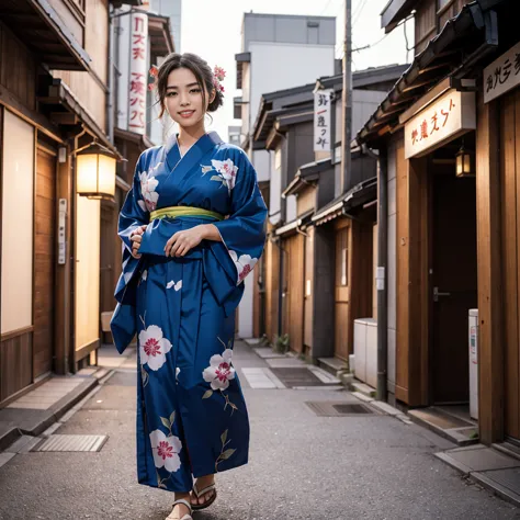 a beautiful young woman in a traditional japanese yukata walking down a street in 1980, highly detailed, 4k, photorealistic, war...