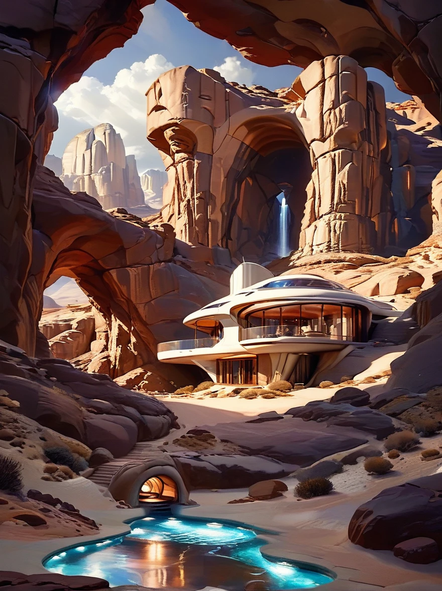 futuristic home sci fi, scene is built into a large rock formation, beautiful lighting