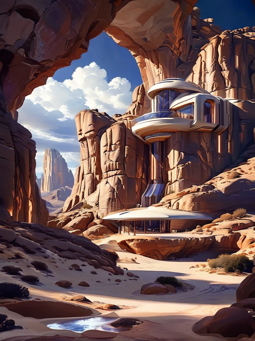 футуристический дом в жанре научной фантастики, сцена встроена в большое скальное образование, красивое освещение