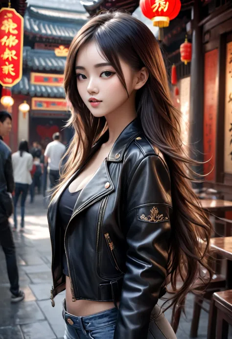 Best quality, masterpiece, ultra high res, (photorealistic:1.4), raw photo, 1girl,, , long hair,  leather jacket, beautiful chin...