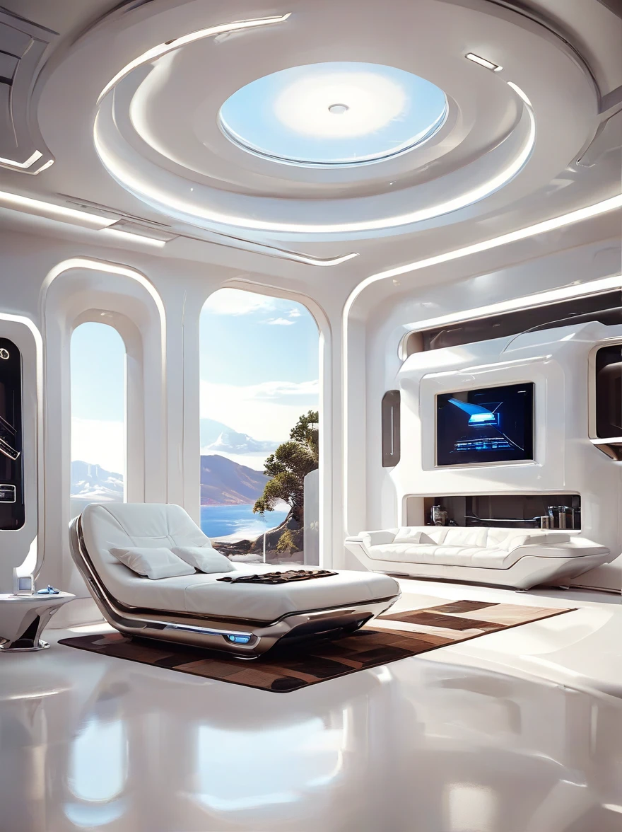 maison de science-fiction futuriste, éclairage incroyable, Style technologique blanc pur