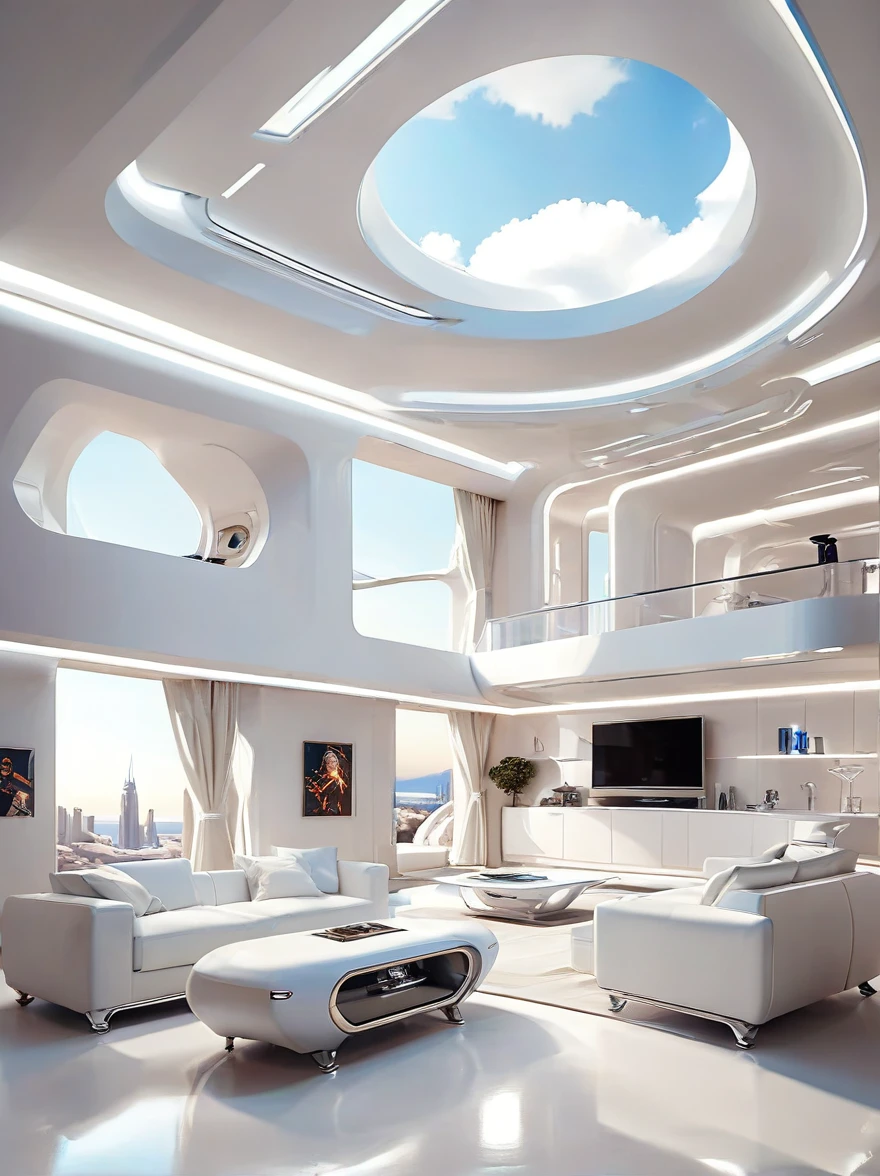 미래 공상 과학 집, 놀라운 조명, 순수한 흰색 기술 스타일