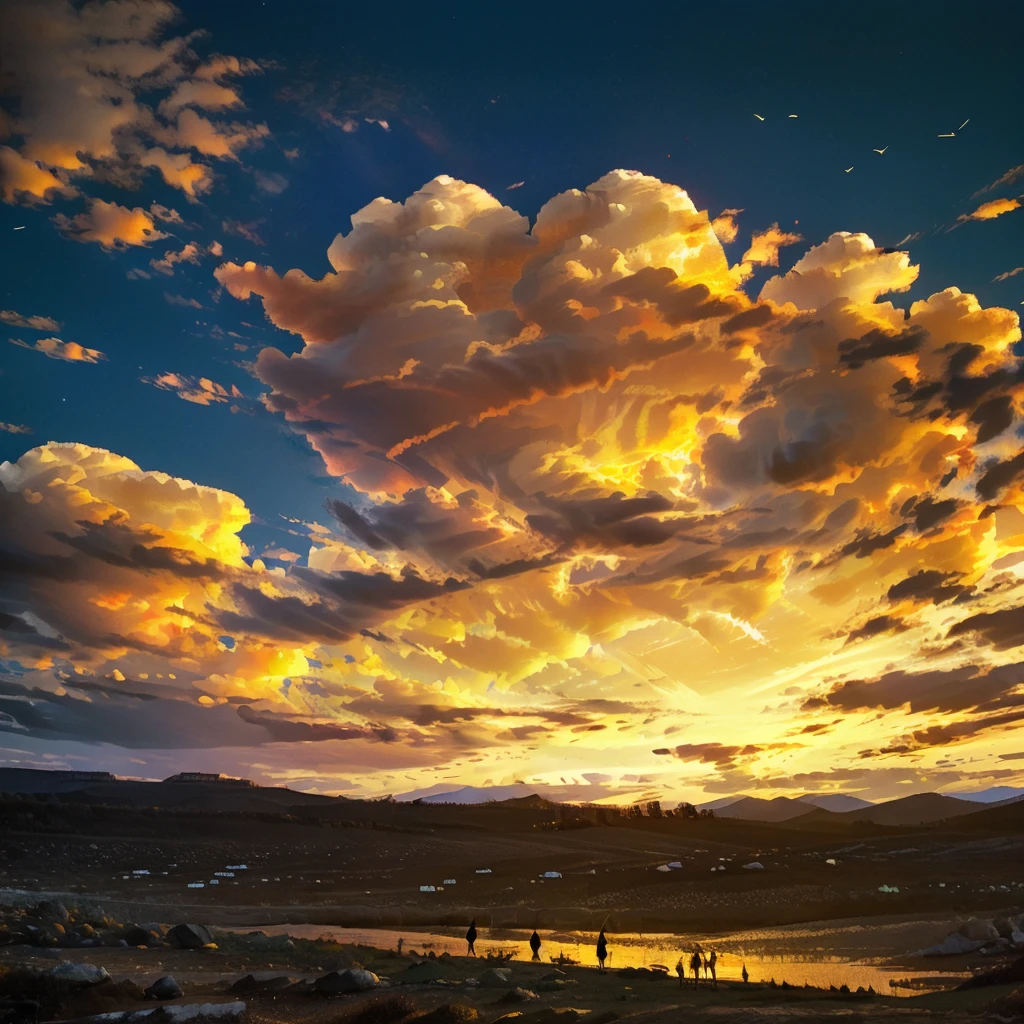 Un magnifique coucher de soleil doré sur une majestueuse chaîne de montagnes, Un ciel à dégradé orange et bleu dramatique avec des nuages ​​bouillonnants obscurcissant le soleil, Des gens marchant sur un sentier de montagne sinueux, Des lampadaires ou des lanternes éclairent le chemin, Trois silhouettes se découpent sur le ciel, Vêtus de vêtements sombres et de foulards blancs, les oiseaux planent au-dessus de nous