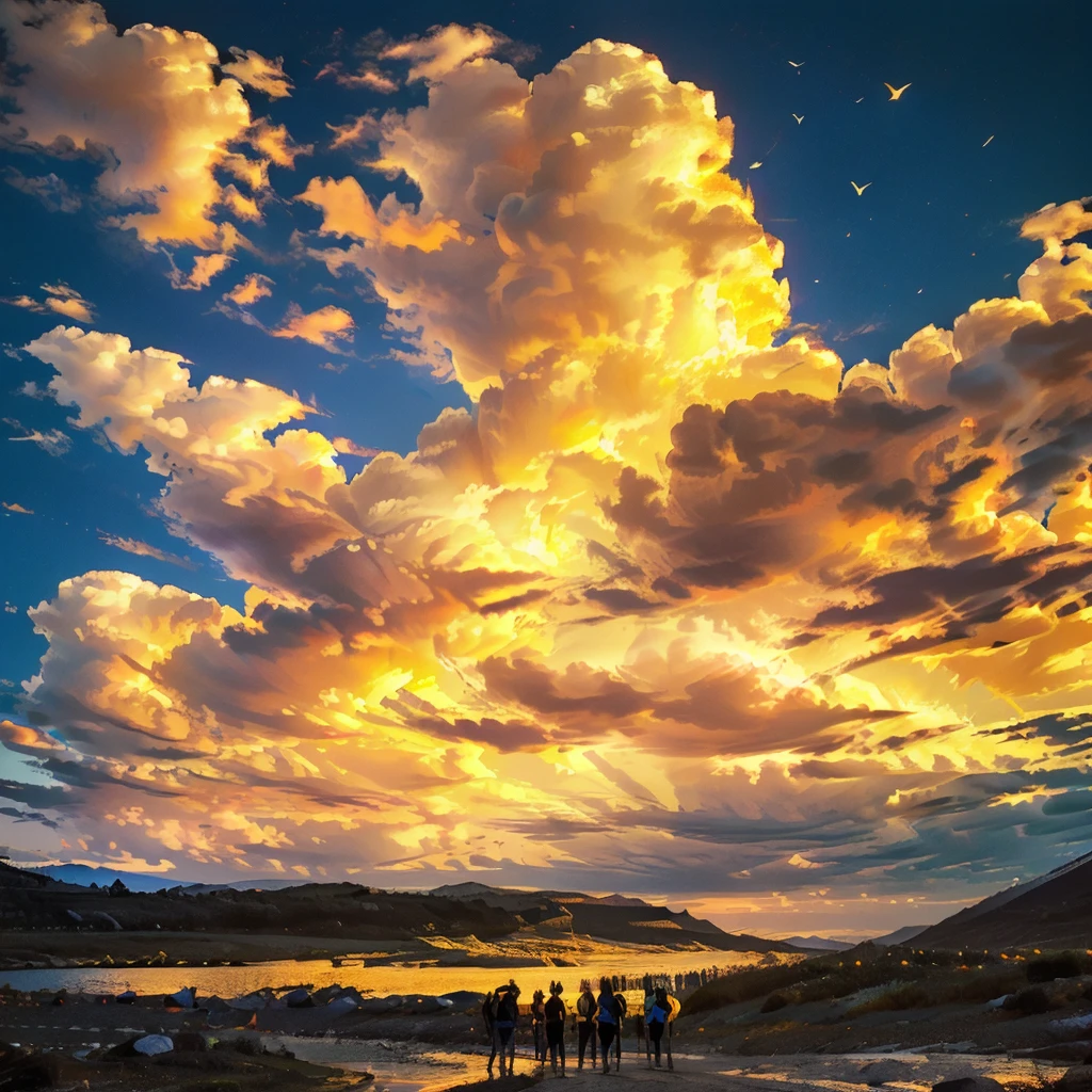 A gorgeous golden sunset over a majestic mountain range, dramatic orange and blue gradient sky with billowing clouds obscuring the sun, people walking on a winding mountain path, street lamps or lanterns lighting the way, three figures silhouetted against the sky, wearing dark clothing and white headscarves, birds soaring overhead