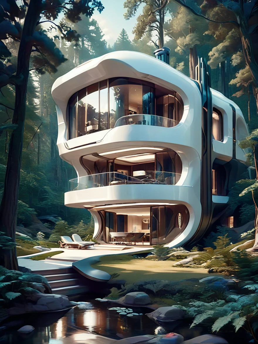 футуристический научно-фантастический дом, потрясающее освещение, Чисто белый технологический стиль, Экстерьерная съемка в лесу