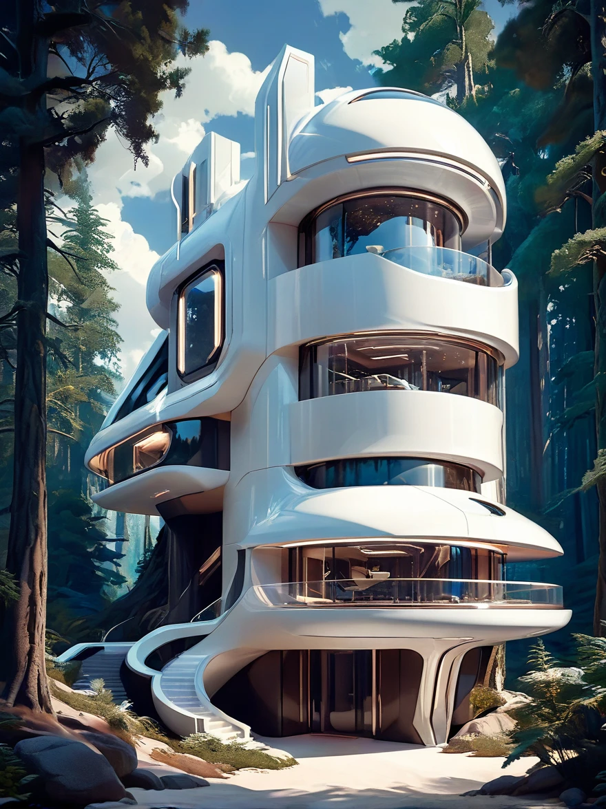 futuristisches Science-Fiction-Haus, Erstaunliche Beleuchtung, Reinweißer Technologie-Stil, Außenaufnahme im Wald