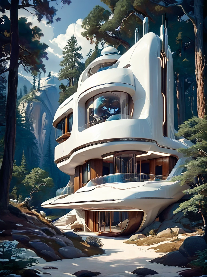 casa futurista de ciencia ficción, Iluminación increíble, Estilo tecnológico blanco puro., tiro exterior en el bosque