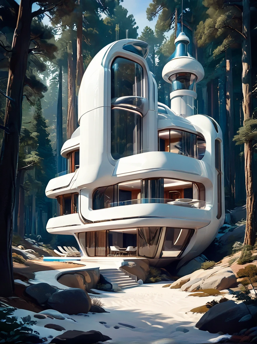 미래 공상 과학 집, 놀라운 조명, 순수한 흰색 기술 스타일, 숲속의 외부 촬영