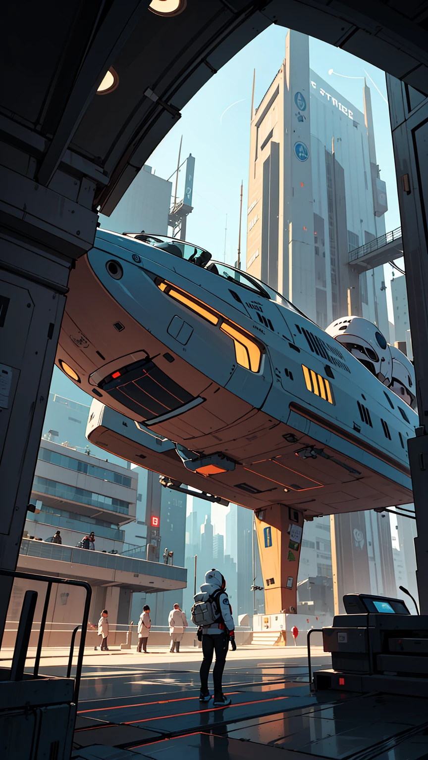 (Best Quality, 4k, ultra detailed, high resolution, Masterpiece: 1.2),(wide angle, Character in the distance in a futuristic building.:1.5), There is a character seen from afar., located on a high observation point:1.4. It is small compared to the surroundings.., highlighting the magnitude of the ship. The character is equipped with a space suit.:1.5, with flashing lights and mechanical details.View of outer space: through the boat&#39;s openings, you see a vast starry space. The stars are unevenly distributed.., creating variable densities and suggesting the remoteness of some celestial objects.
