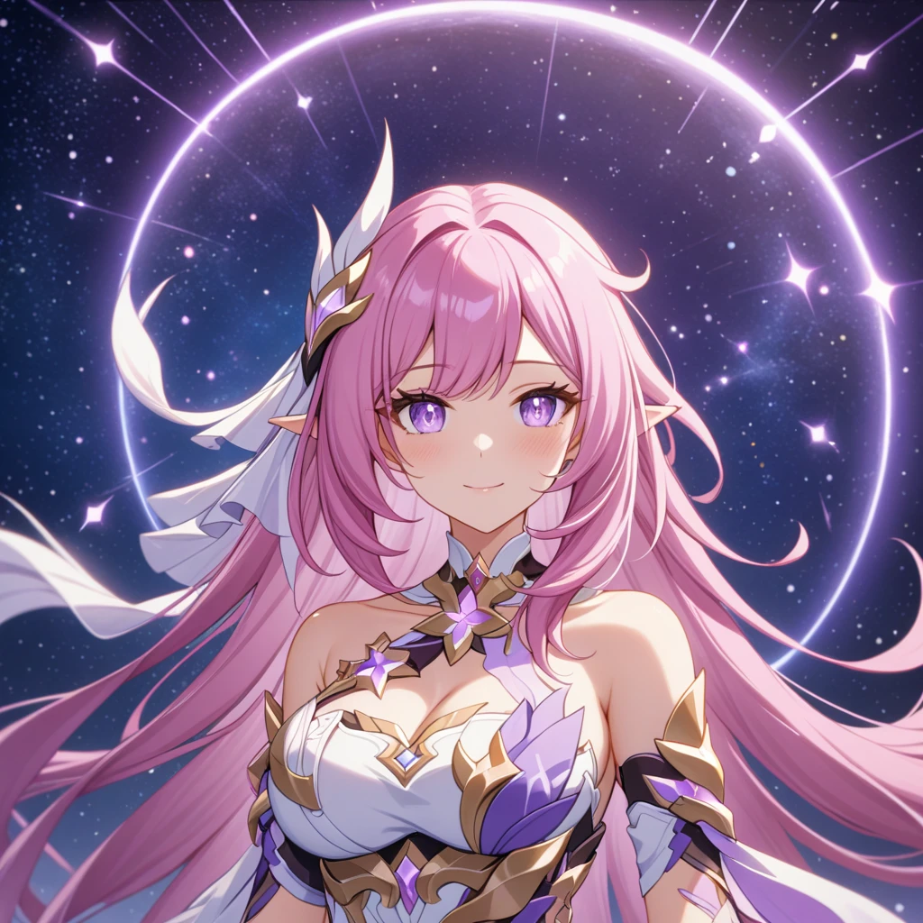 ai-generated,very aesthetic,1girl,elysia_/(herrscher_of_human:ego/)_/(honkai_impact/),pointed_ears,pink_hair,dreamy anime fantasy background,raytracing,light purple eyes,floating,light particles,dsmile,starry sky, shooting stars,celestial,intricate,large breasts,long eyelashes,goddess,(best quality,4k,8k,highres,masterpiece:1.2)