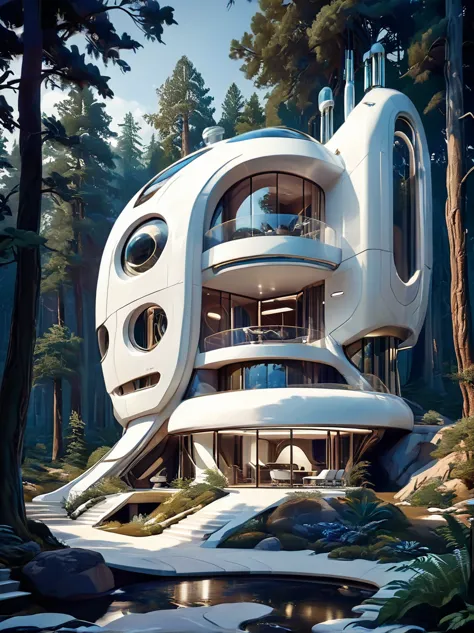 futuristic sci fi home, amazing lighting, Pure white technology style, exterior shot in forest, variety of different styles