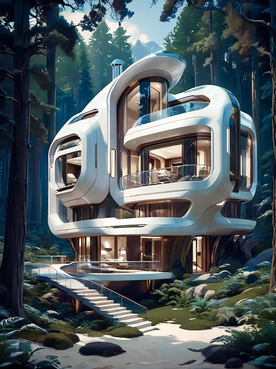 미래 공상 과학 집, 놀라운 조명, 순수한 흰색 기술 스타일, 숲속의 외부 촬영, 다양한 다양한 스타일