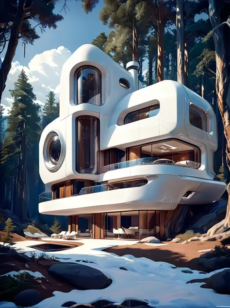 futuristic sci fi home, amazing lighting, Pure white technology style, exterior shot in forest, variety of different styles