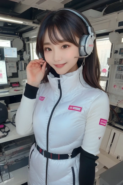 masterpiece, Highest quality, Very detailed, 8K Portrait,Japanese Android Girl,plump , Control panel,Robotic arms and legs, Blunt bangs,,break (Metallic Gray, Metallic luster, Mirror finish, Astro Best):5,headphone:5,break (Black sleeves):100,Smart Watches,Futuristic space station,Control Room,break headphone,blue eyes,(Black Hair):2,(Long Hair):1.3,Displaying the viewer,(respirator),break blush:3,Hidden Hand,smile