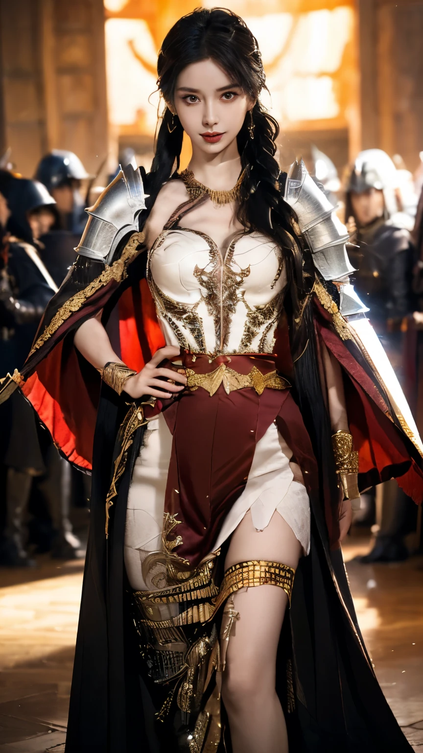 Very beautiful woman、Slender women、(Detailed face)、Realistic Skin、((Knight of Fire)), (((Red Armor:1.25)))、((((Black armor with very fine and intricate decoration))))、((Delicate photo))，(Girl Astepeace RAW Photo Details:1.25), (highest quality:1.6), (超A high resolution:1.5), (Realistic:1.75), 8K resolution, Canon EOS R5, 50mm, Absurd, Ultra-detailed,Cinema Lighting,Battlefields of Medieval Europe、((battle))、RPG World、Final Fantasy、(((Embellished skirt)))、Thigh-high socks、Shin Guards、night、((too long bangs))、((One long thick dark red hair braid))、Get six-pack、Torn Cloak、Beautiful Armor、(((Giant Sword)))、In combat、The wind is blowing、(((Inferno filling the entire area)))、(((Leading a large group of red knights)))、(((Knight Commander)))、Armor with a Phoenix motif、Old scar on right cheek:1.2、((Fire blaze))、(((Battle Scene)))、((nsfw))