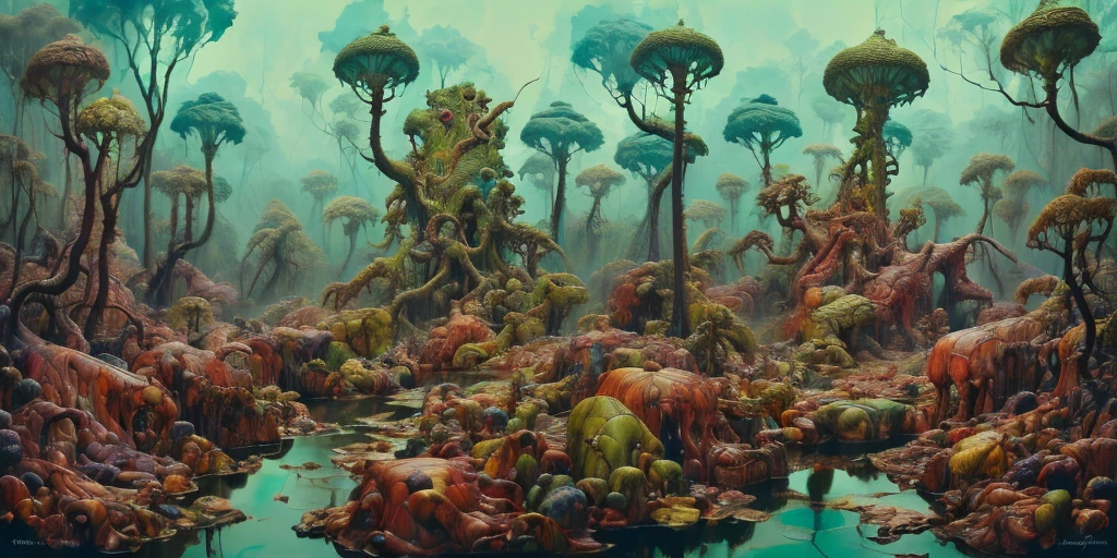 medios mixtos de bosque exuberante surrealista, a (Paul Lehr) fantasía mágica diseñada, colores vivos, críptico, místico, Surrealismo pop orgánico fluido de James Jean., roby dwi antono, ross tran, kenny steven, pablo neberra, madera ashley, atmosférico, tendencia en artstation. 8 k masterpiece, fluid, filigrana, fumar,