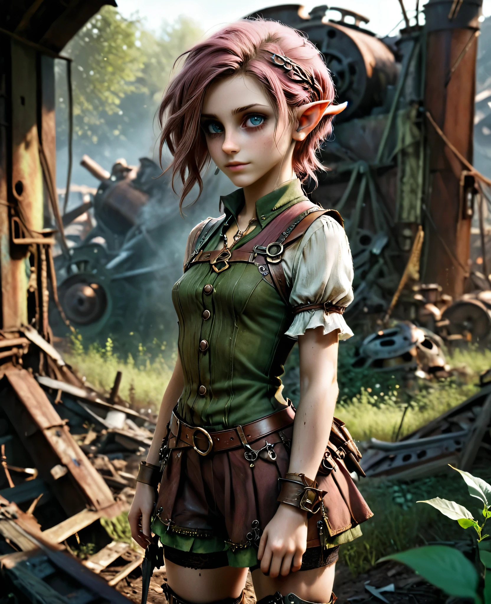 cute elf, (teenage elf  with extremely cute eyes)), (((elf))), ((((high resolution))), (((extremely detailed))), ((masterpiece)), looks like Aerith Gainsborough, dramatic shadows, depth of field, analog photo style, (world in which are collide steampunk and postapocalyptic vibes), postapocalyptic cute female in steampunk aesthetic, torn dirty clothes, depth of field, full body shot, unzoomed, (perfect body: 1.4), (sidecut short hairstyle), (stalking is quite common, although not the best way to make a living), stylized atmosphere of unreality, dark atmosphere, dynamic pose, in motion, Armageddon, increase cinematic lighting, highly lifelike skin texture, parted lips, weary eyes, fine eyes, whitened skin, random hair colour, doomsday aura